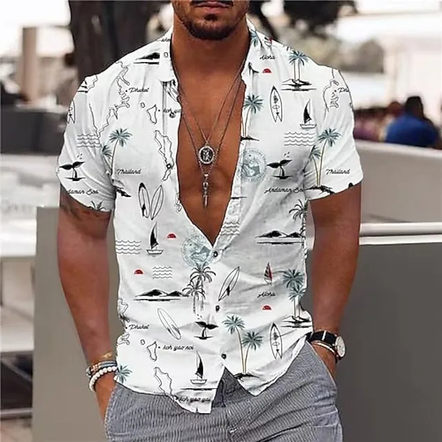 Anchor Patterned Hawaiian Shirt for Men with Long Sleeves - Tropical Vacation Wear