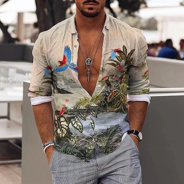 Anchor Patterned Hawaiian Shirt for Men with Long Sleeves - Tropical Vacation Wear
