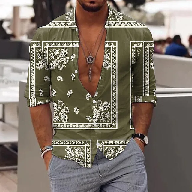 Anchor Patterned Hawaiian Shirt for Men with Long Sleeves - Tropical Vacation Wear