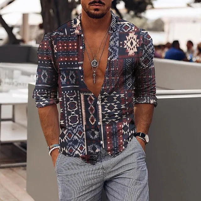 Anchor Patterned Hawaiian Shirt for Men with Long Sleeves - Tropical Vacation Wear