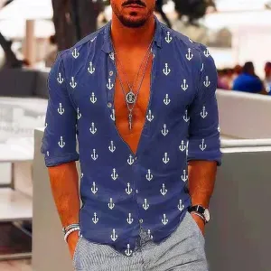 Anchor Patterned Hawaiian Shirt for Men with Long Sleeves - Tropical Vacation Wear