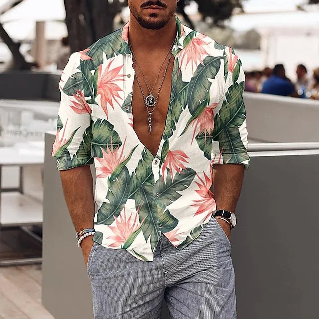 Anchor Patterned Hawaiian Shirt for Men with Long Sleeves - Tropical Vacation Wear