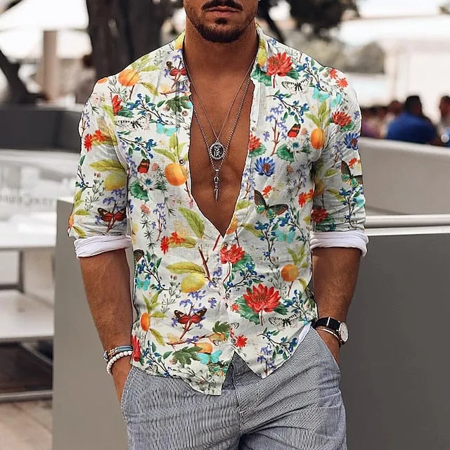 Anchor Patterned Hawaiian Shirt for Men with Long Sleeves - Tropical Vacation Wear