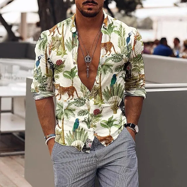 Anchor Patterned Hawaiian Shirt for Men with Long Sleeves - Tropical Vacation Wear