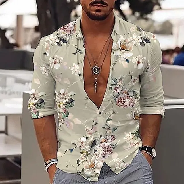 Anchor Patterned Hawaiian Shirt for Men with Long Sleeves - Tropical Vacation Wear