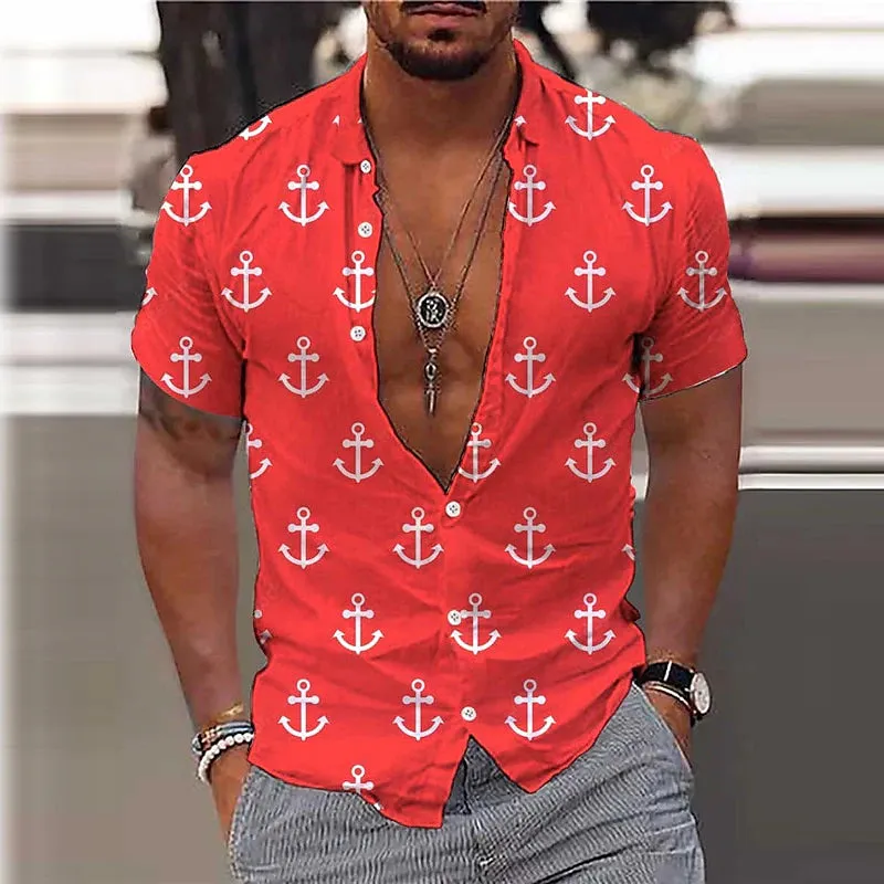 Anchor Patterned Hawaiian Shirt for Men with Long Sleeves - Tropical Vacation Wear