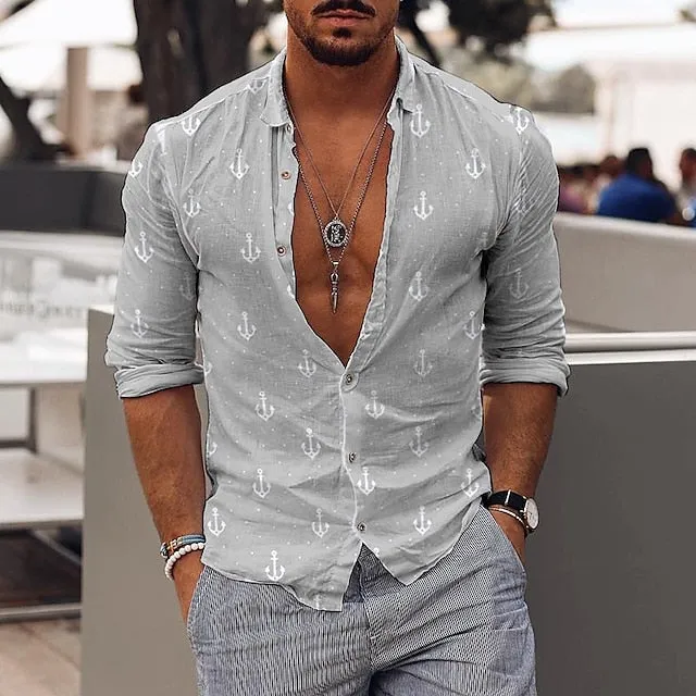 Anchor Patterned Hawaiian Shirt for Men with Long Sleeves - Tropical Vacation Wear