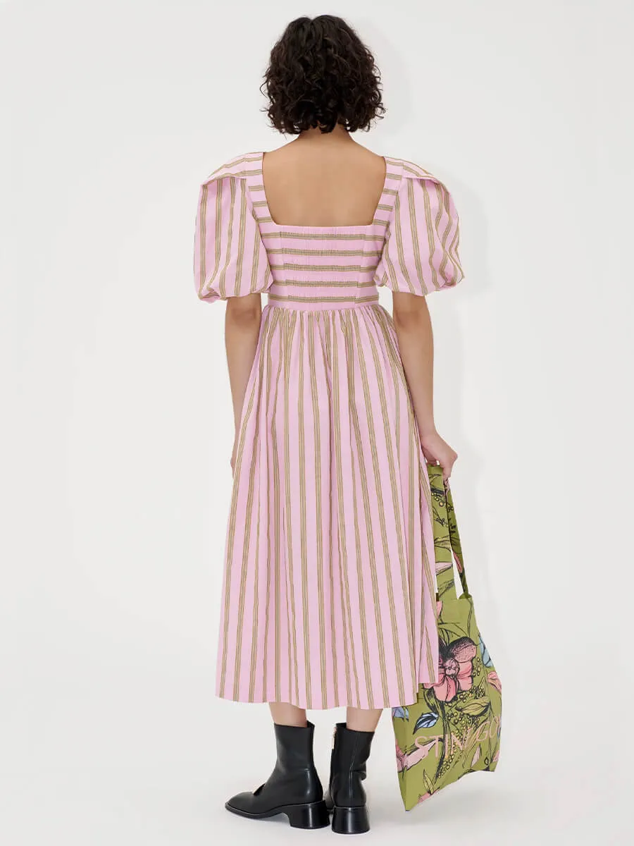 Blouson Sleeve Midi Dress - Wallpaper Stripes