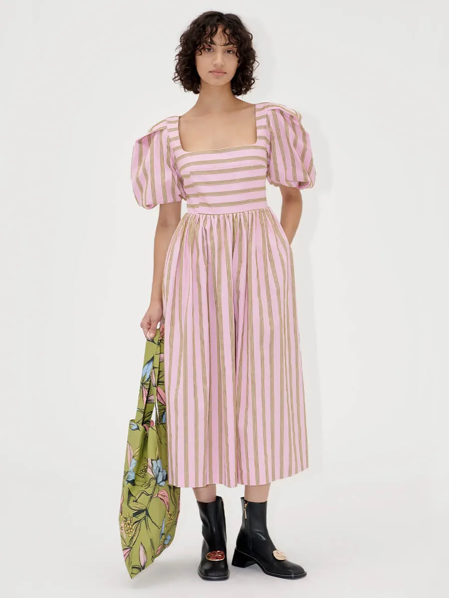 Blouson Sleeve Midi Dress - Wallpaper Stripes
