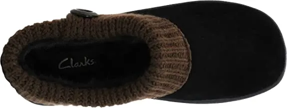 Clarks Black/Brown Suede Leather Knitted Collar Plush Faux Fur Lining Slippers