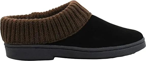 Clarks Black/Brown Suede Leather Knitted Collar Plush Faux Fur Lining Slippers
