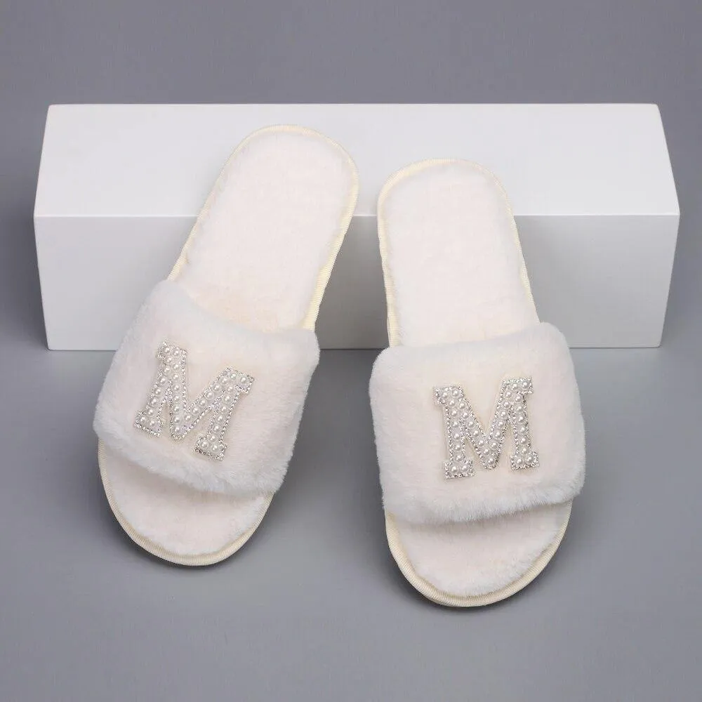 Customizable Women's Pearl Letter Decor Furry Slippers
