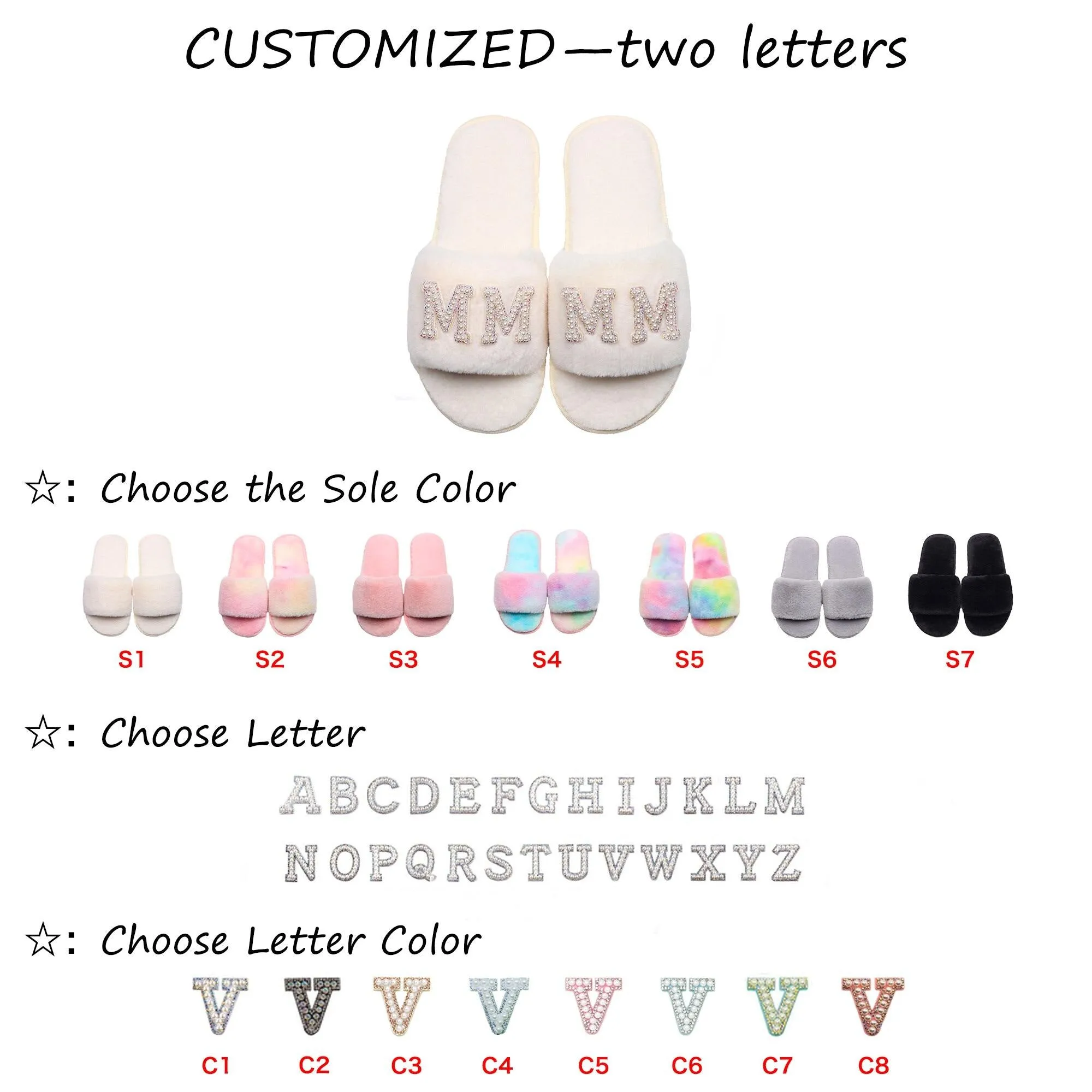 Customizable Women's Pearl Letter Decor Furry Slippers