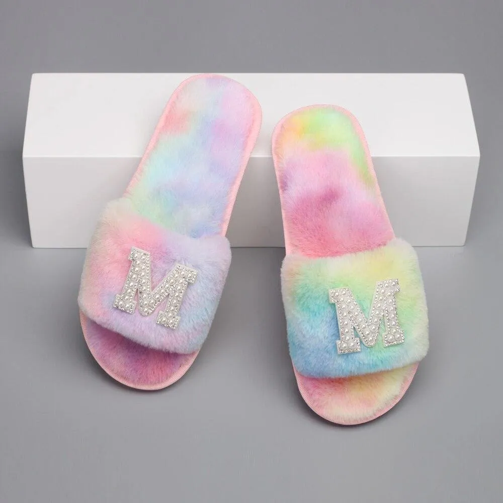 Customizable Women's Pearl Letter Decor Furry Slippers