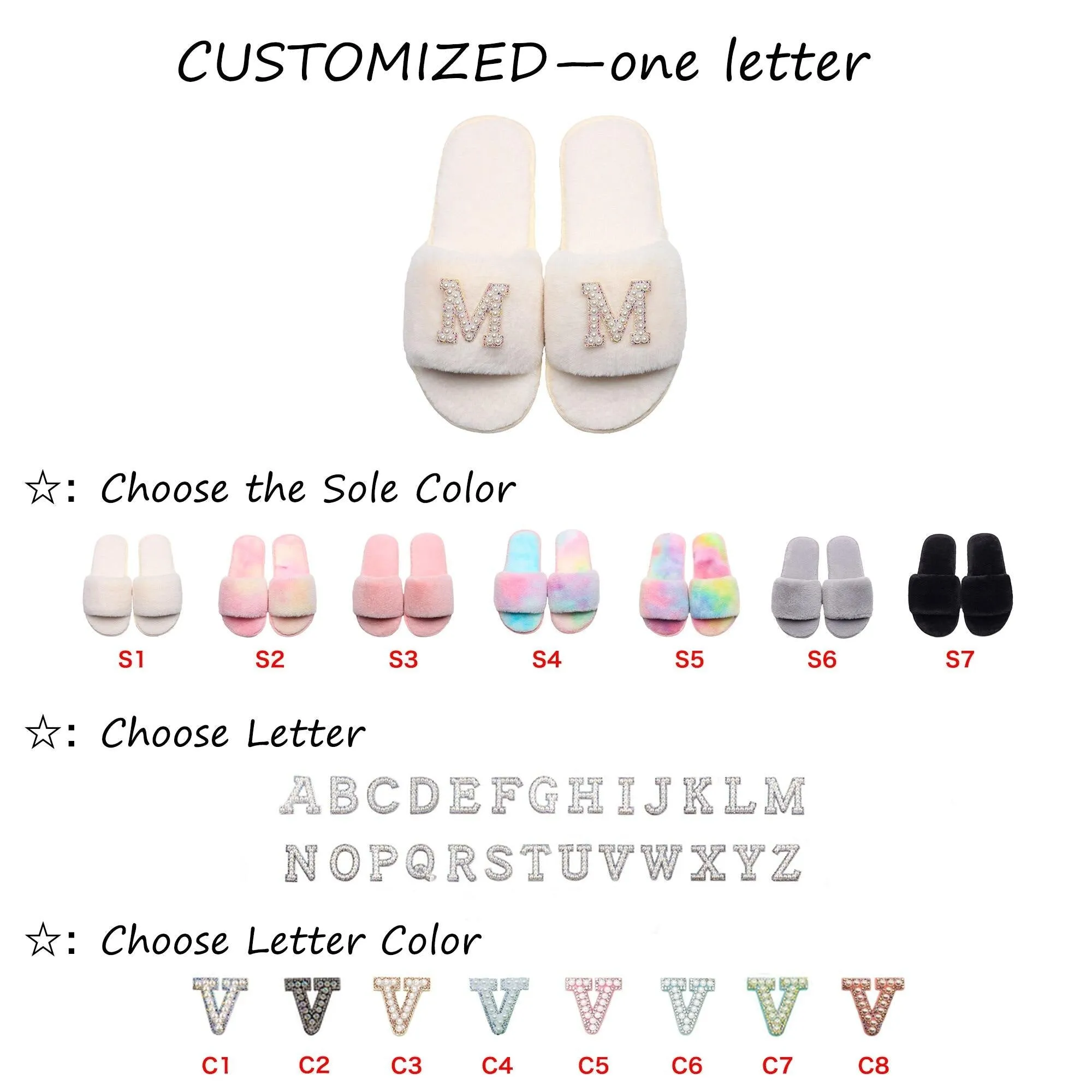 Customizable Women's Pearl Letter Decor Furry Slippers