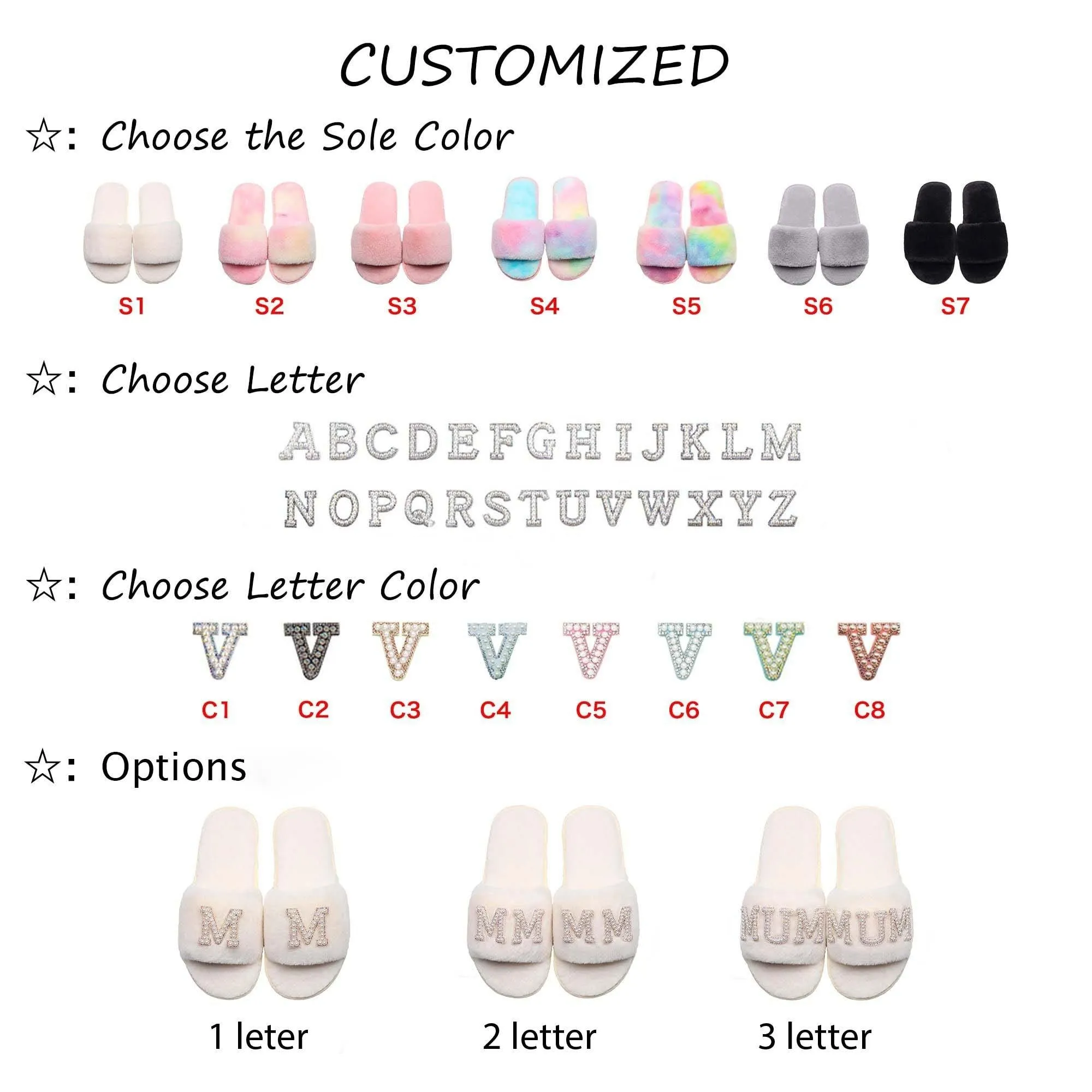 Customizable Women's Pearl Letter Decor Furry Slippers
