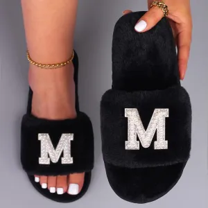 Customizable Women's Pearl Letter Decor Furry Slippers