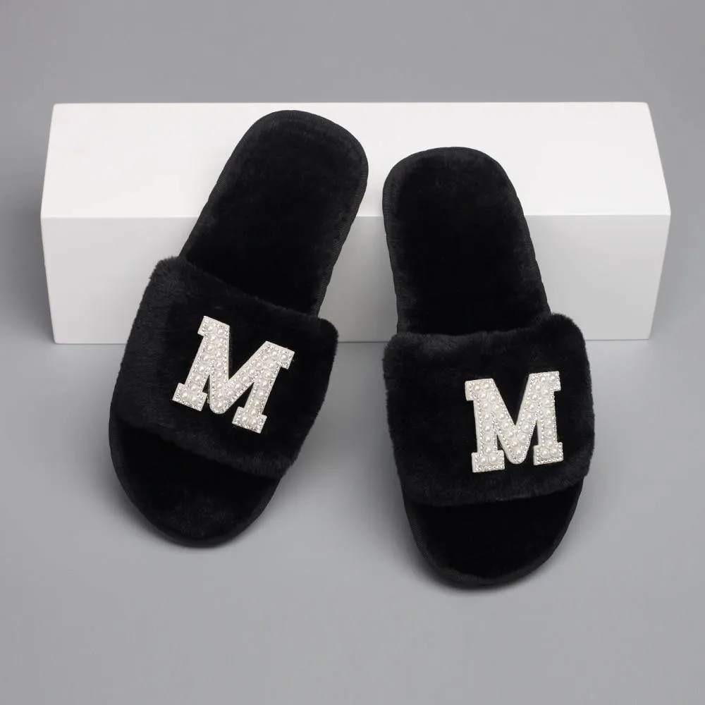 Customizable Women's Pearl Letter Decor Furry Slippers