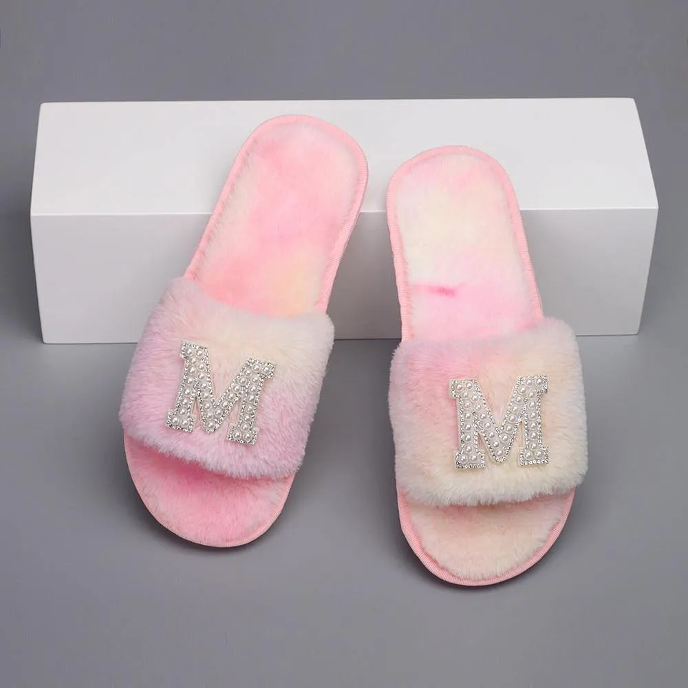 Customizable Women's Pearl Letter Decor Furry Slippers