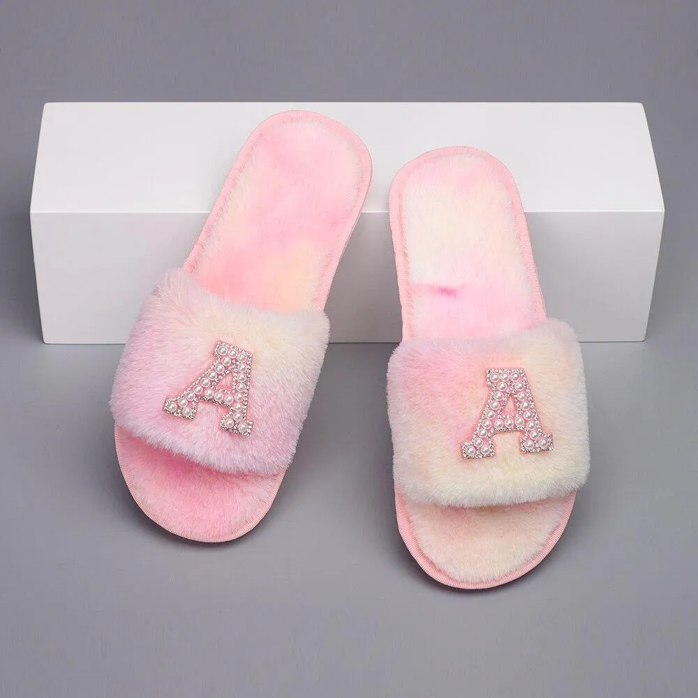 Customizable Women's Pearl Letter Decor Furry Slippers