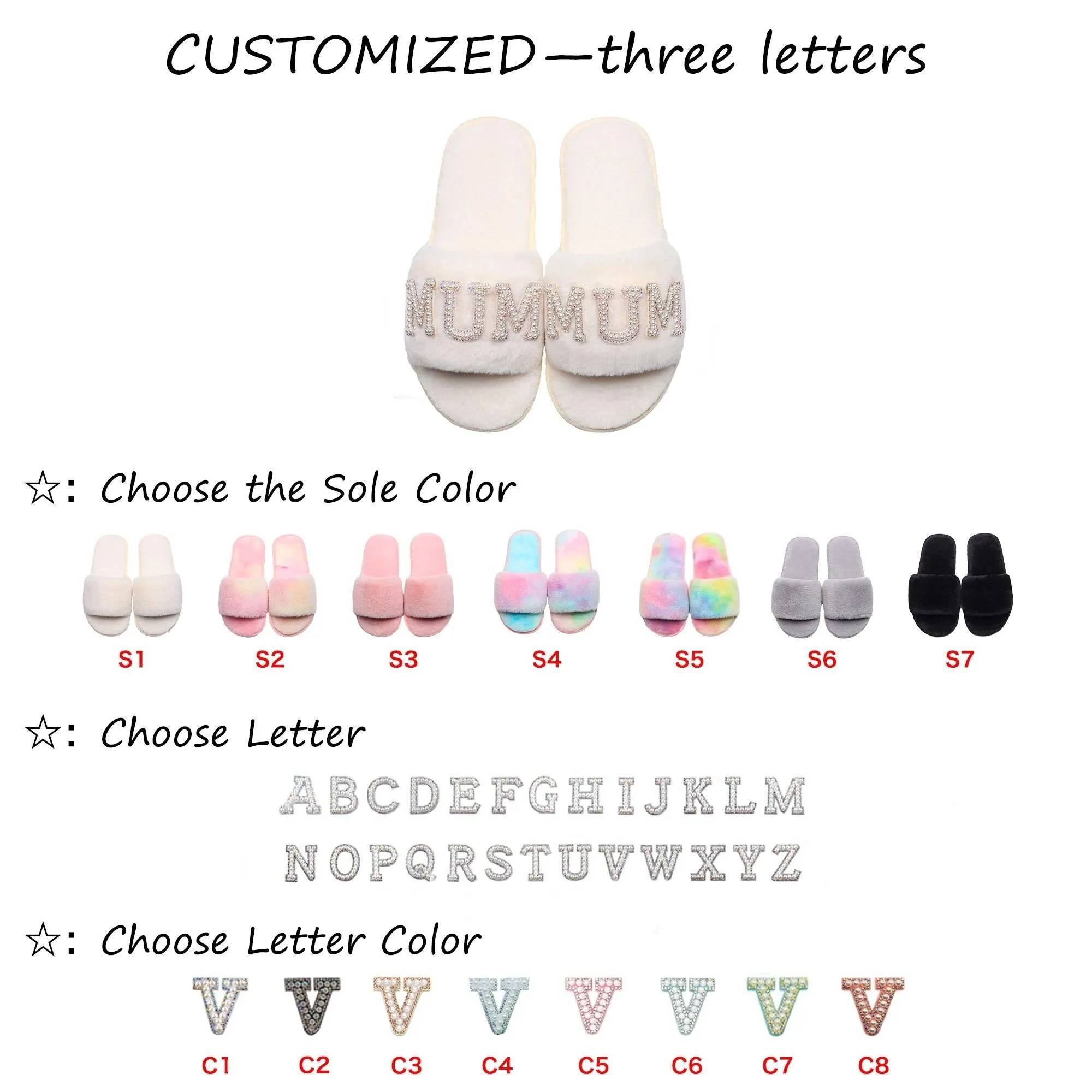 Customizable Women's Pearl Letter Decor Furry Slippers