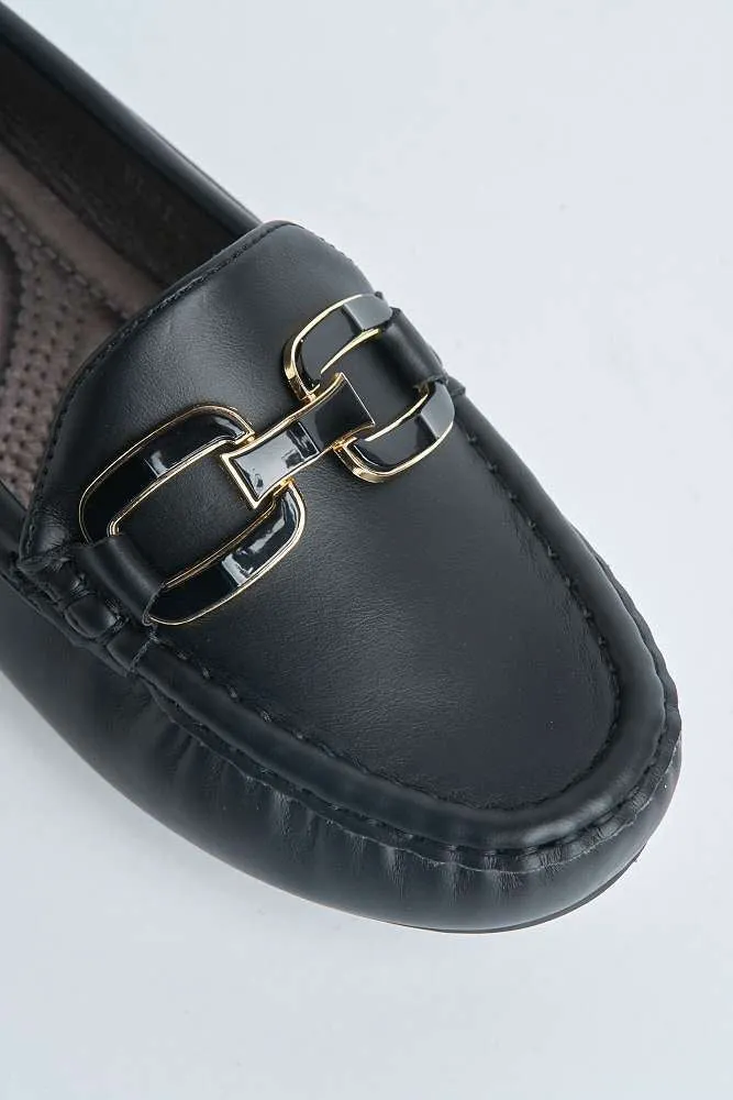 Janet Flat Square Toe Loafers with Chain Detail in Black