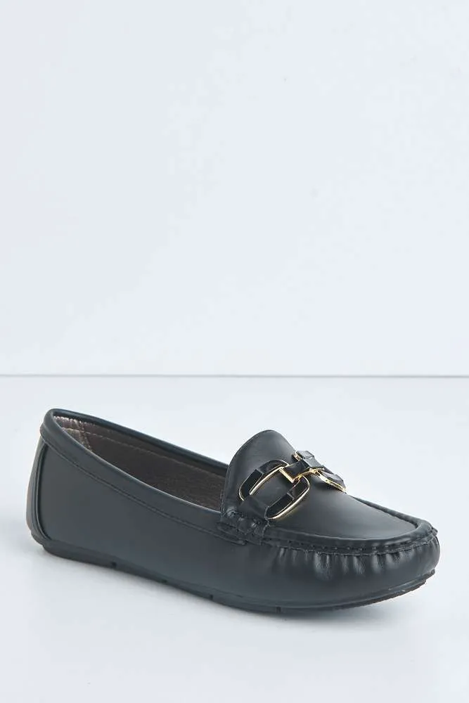 Janet Flat Square Toe Loafers with Chain Detail in Black