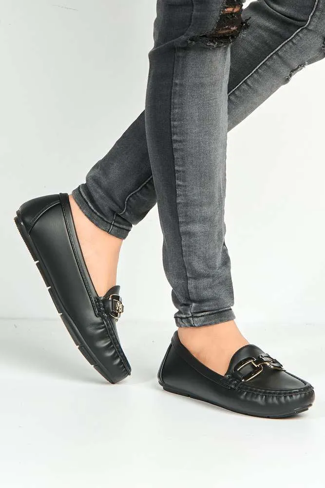 Janet Flat Square Toe Loafers with Chain Detail in Black