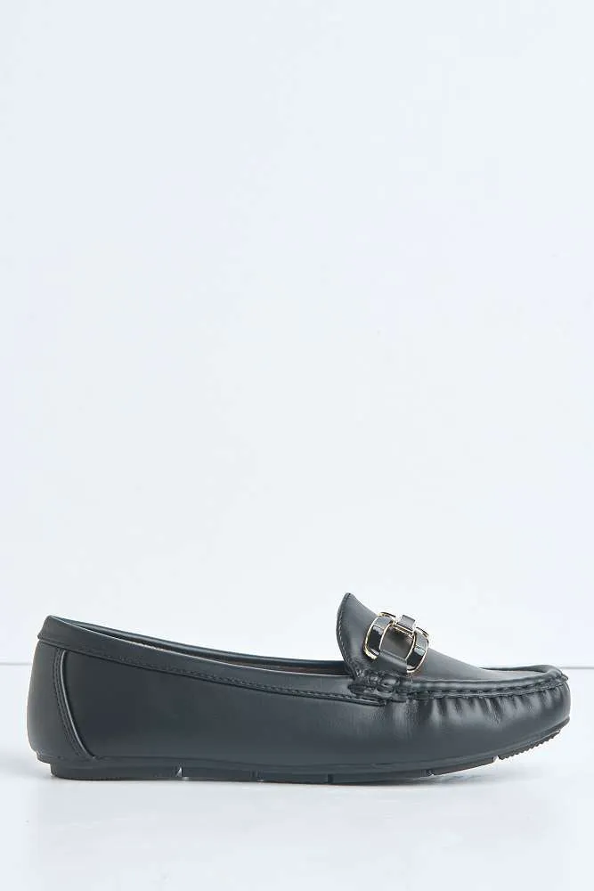 Janet Flat Square Toe Loafers with Chain Detail in Black