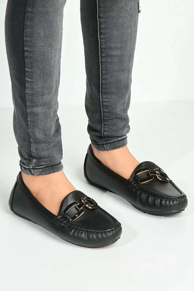 Janet Flat Square Toe Loafers with Chain Detail in Black
