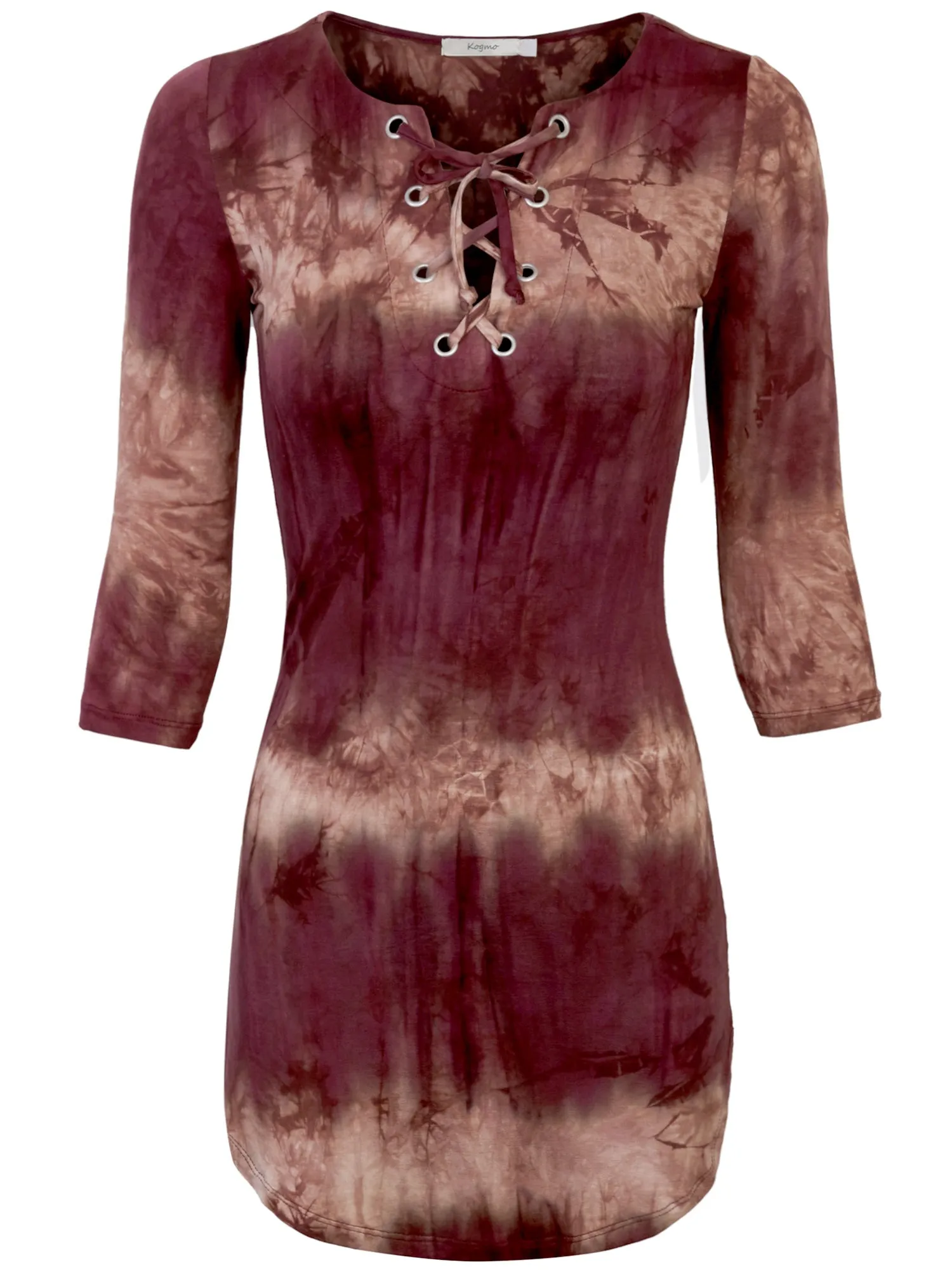 KOGMO Womens Front Eyelet 3/4 Sleeve Tie Dye Casual Dress