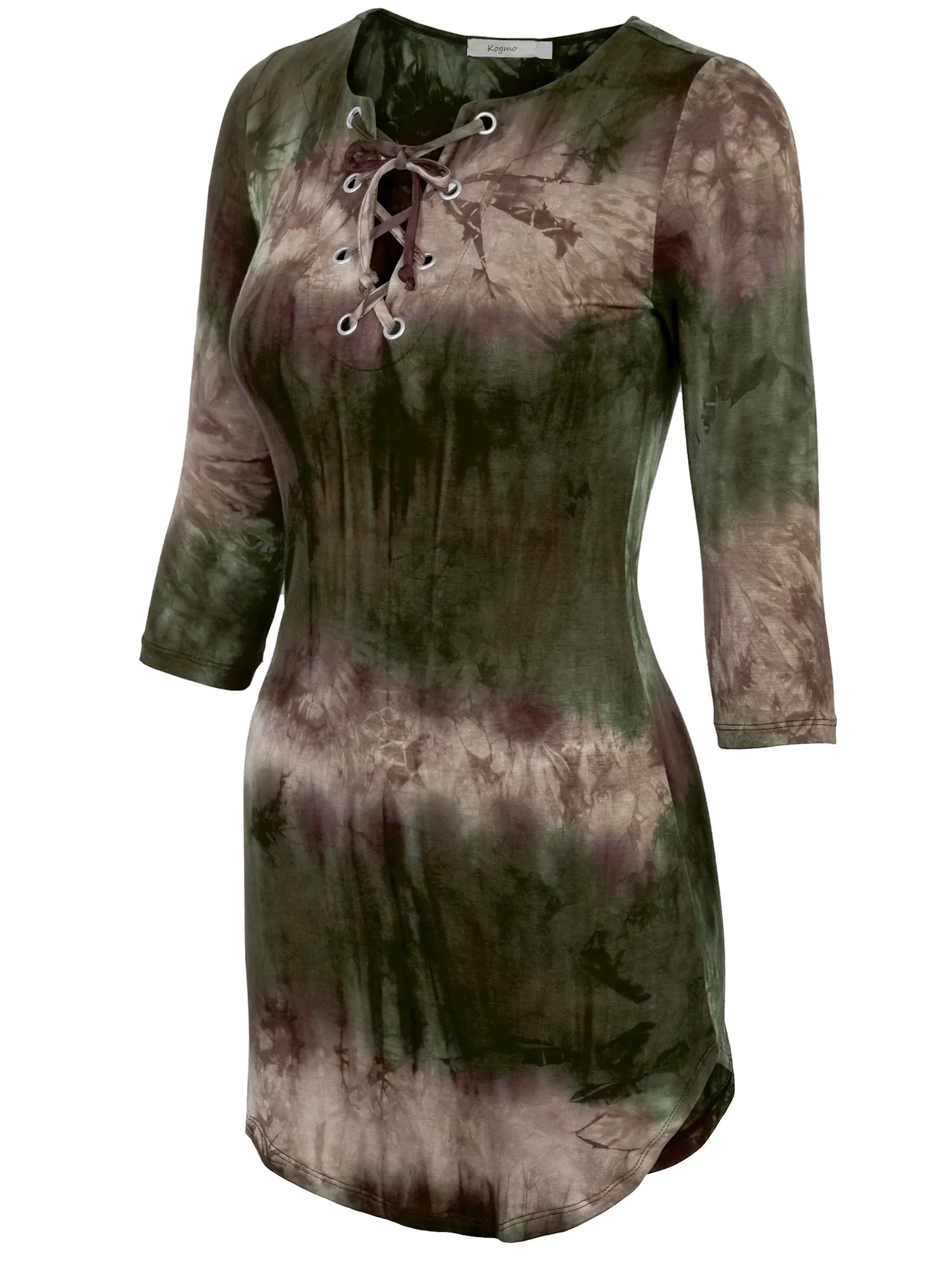 KOGMO Womens Front Eyelet 3/4 Sleeve Tie Dye Casual Dress