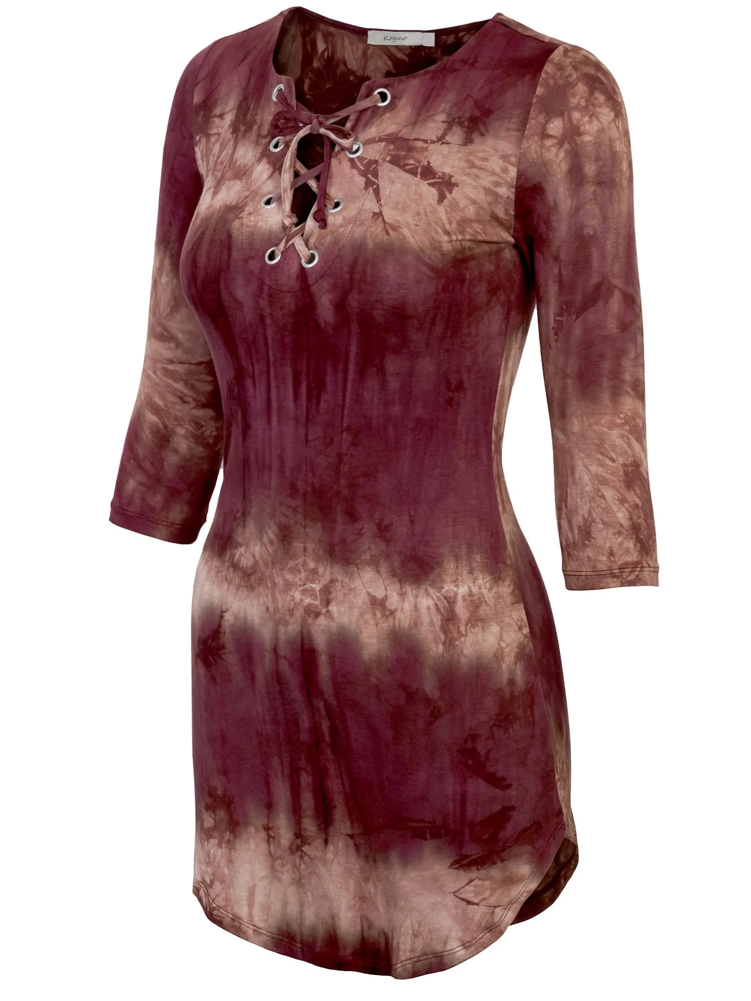 KOGMO Womens Front Eyelet 3/4 Sleeve Tie Dye Casual Dress