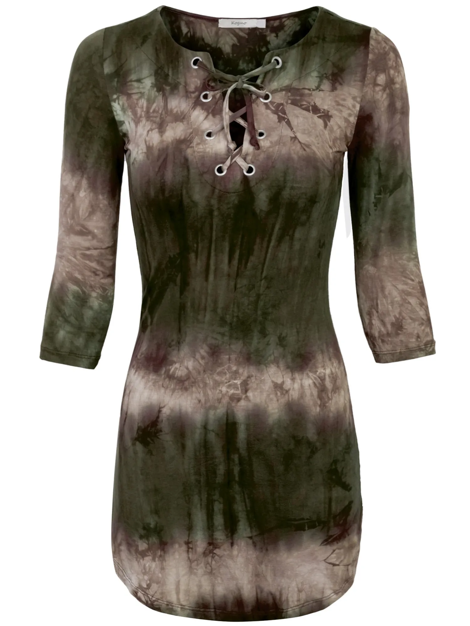 KOGMO Womens Front Eyelet 3/4 Sleeve Tie Dye Casual Dress