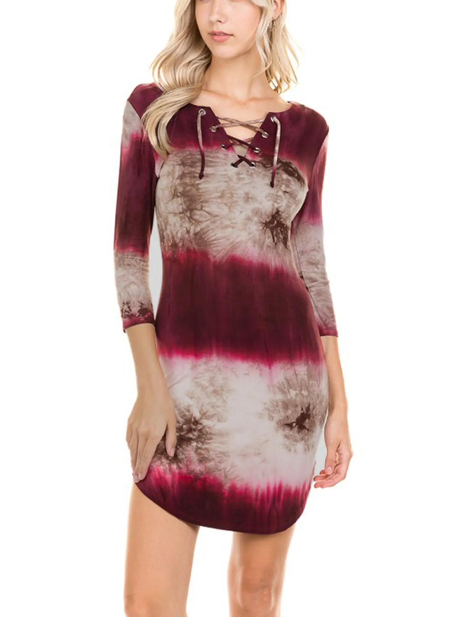 KOGMO Womens Front Eyelet 3/4 Sleeve Tie Dye Casual Dress