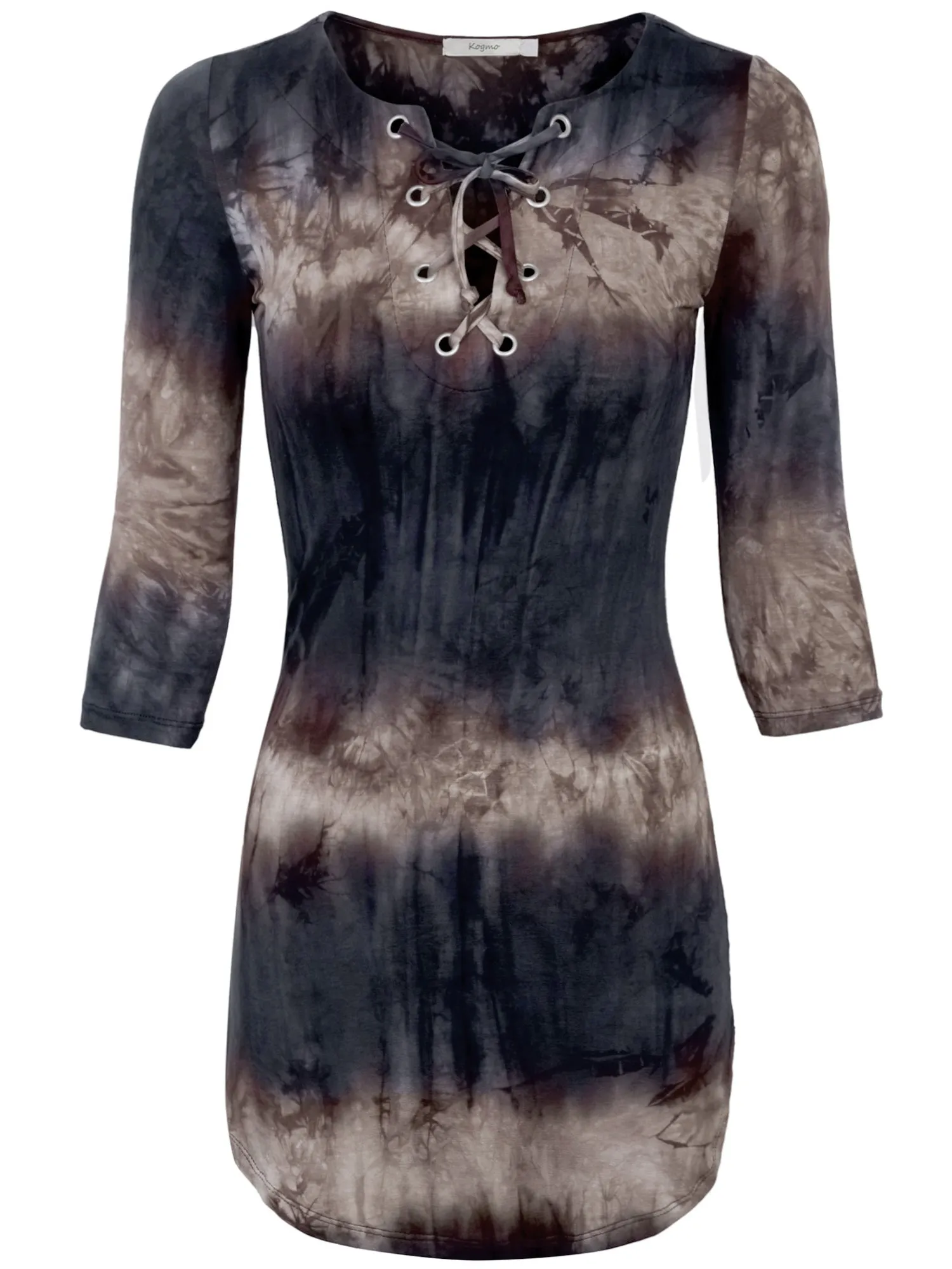 KOGMO Womens Front Eyelet 3/4 Sleeve Tie Dye Casual Dress
