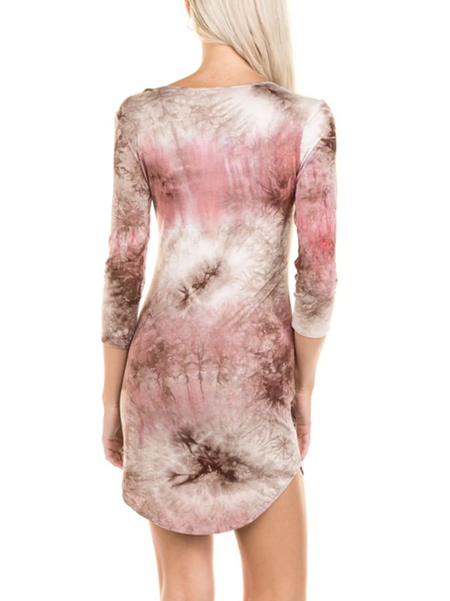 KOGMO Womens Front Eyelet 3/4 Sleeve Tie Dye Casual Dress