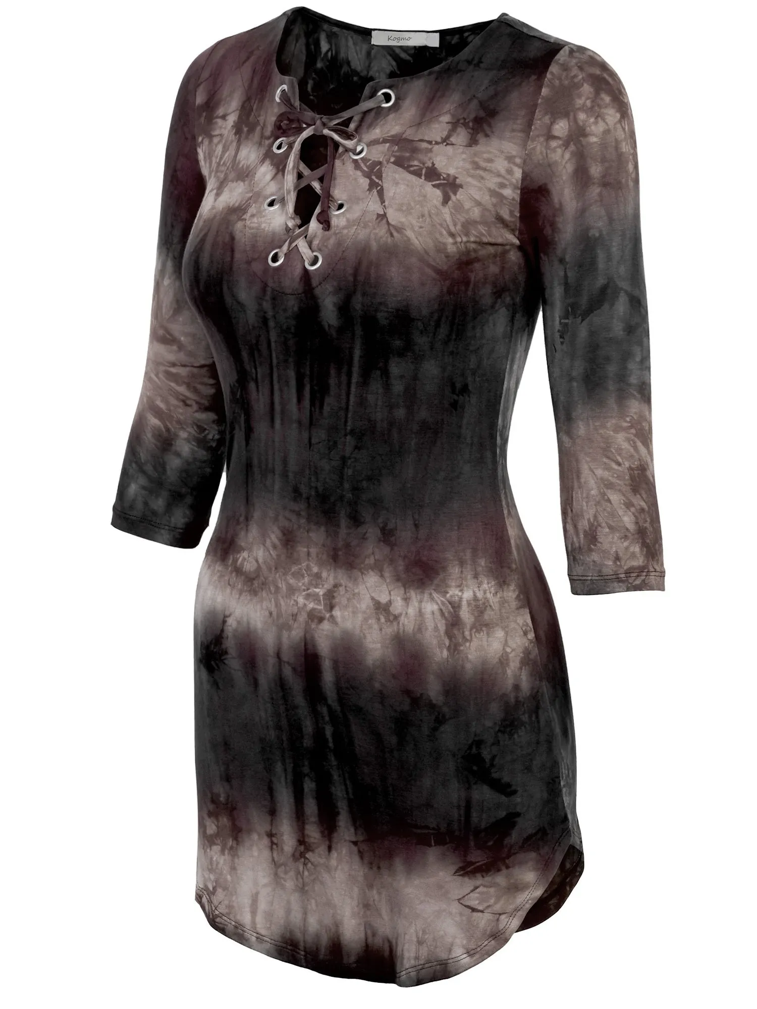 KOGMO Womens Front Eyelet 3/4 Sleeve Tie Dye Casual Dress