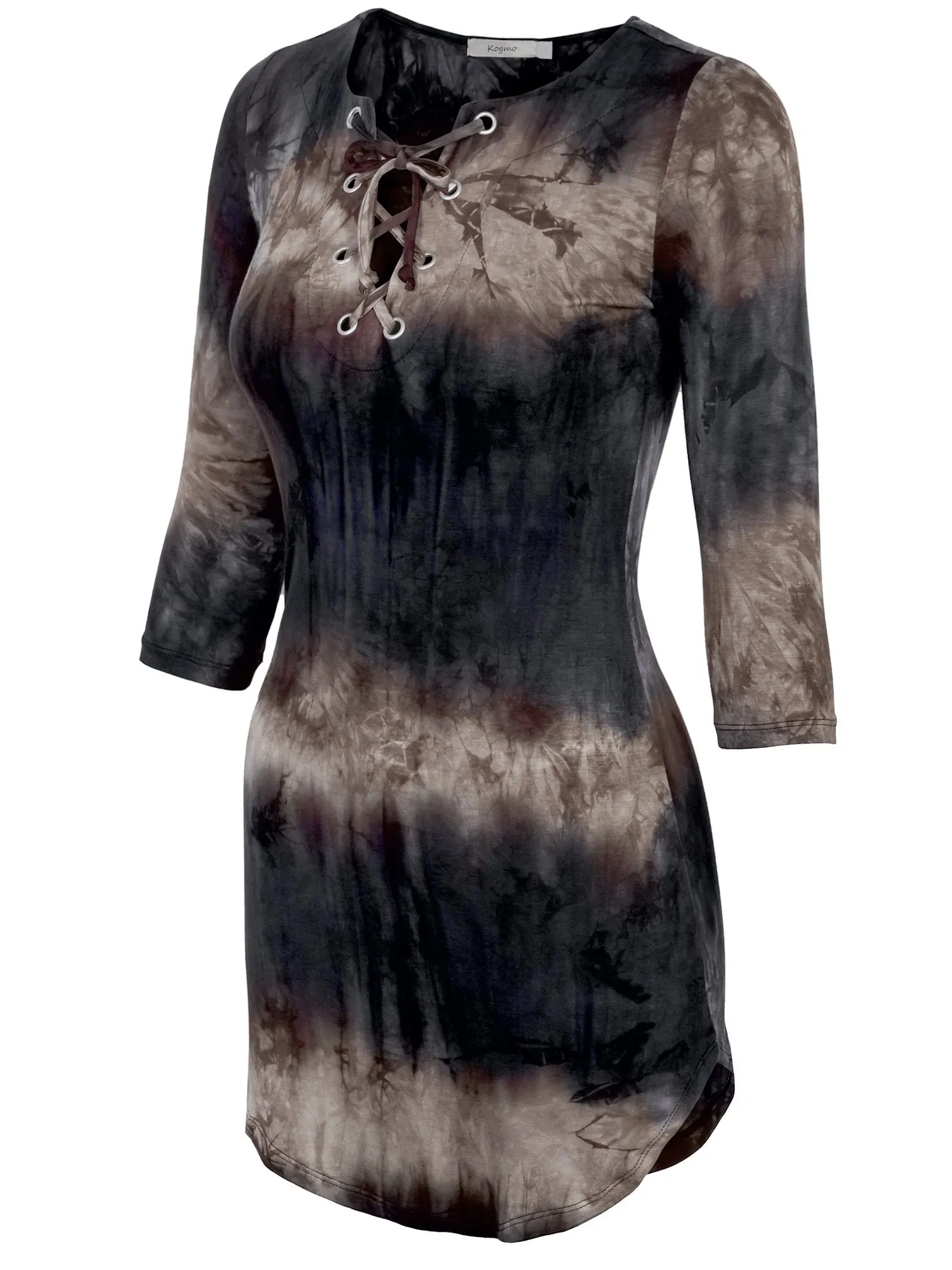 KOGMO Womens Front Eyelet 3/4 Sleeve Tie Dye Casual Dress
