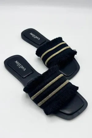 Linnea Tassel Strap Sliders in Black