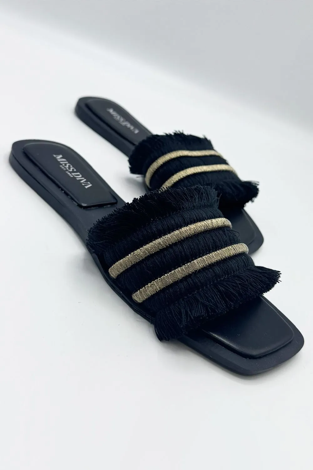Linnea Tassel Strap Sliders in Black
