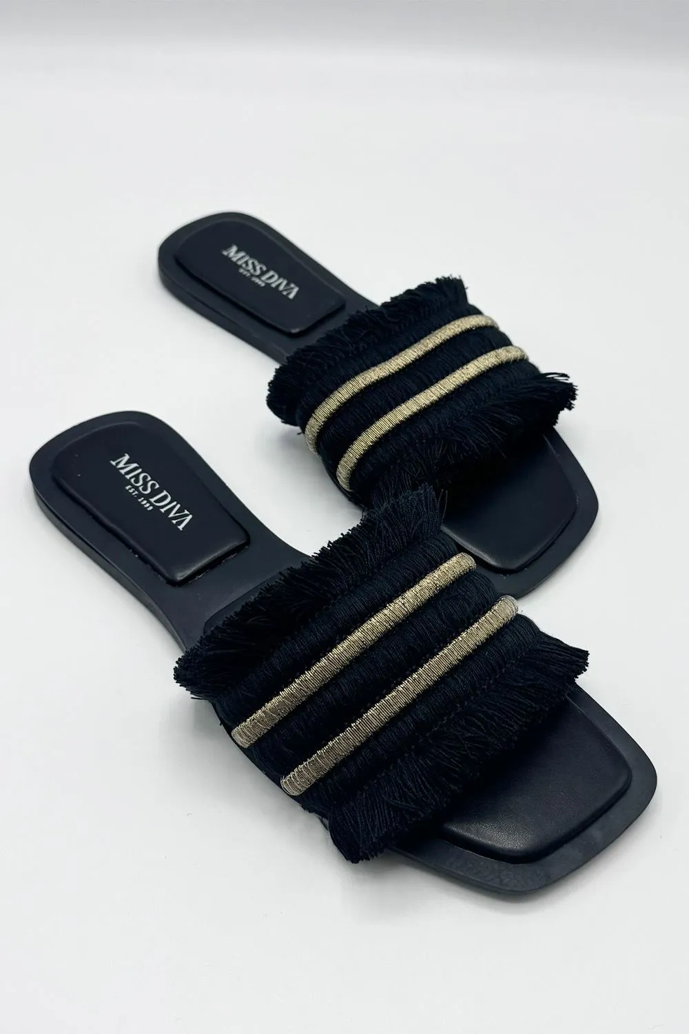 Linnea Tassel Strap Sliders in Black