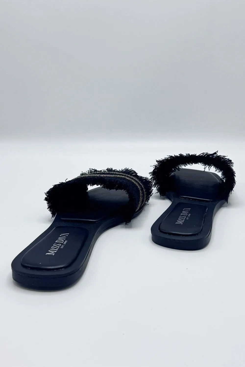 Linnea Tassel Strap Sliders in Black