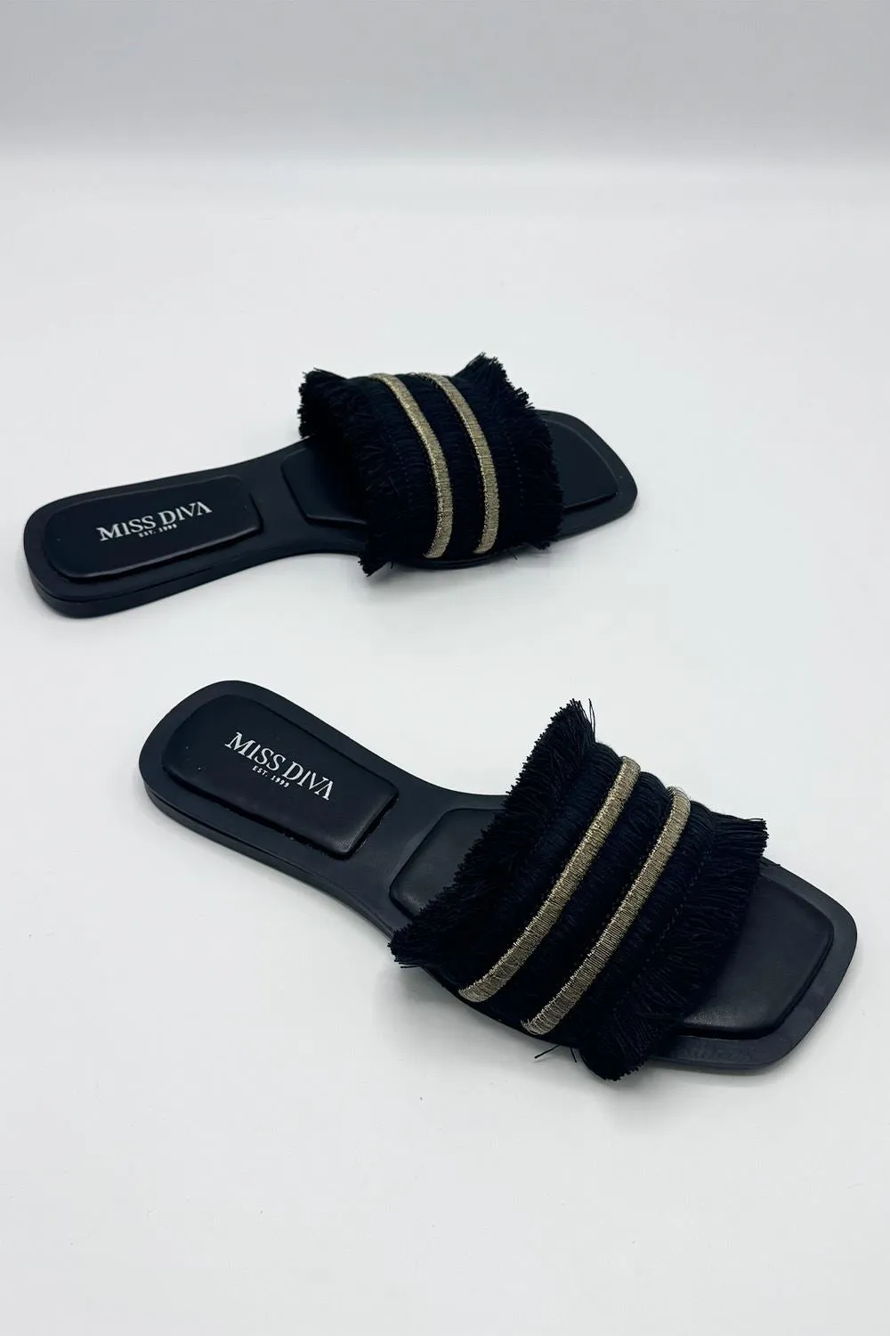 Linnea Tassel Strap Sliders in Black