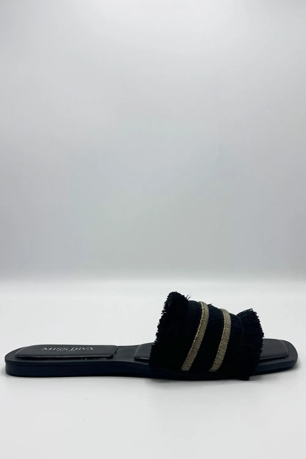 Linnea Tassel Strap Sliders in Black