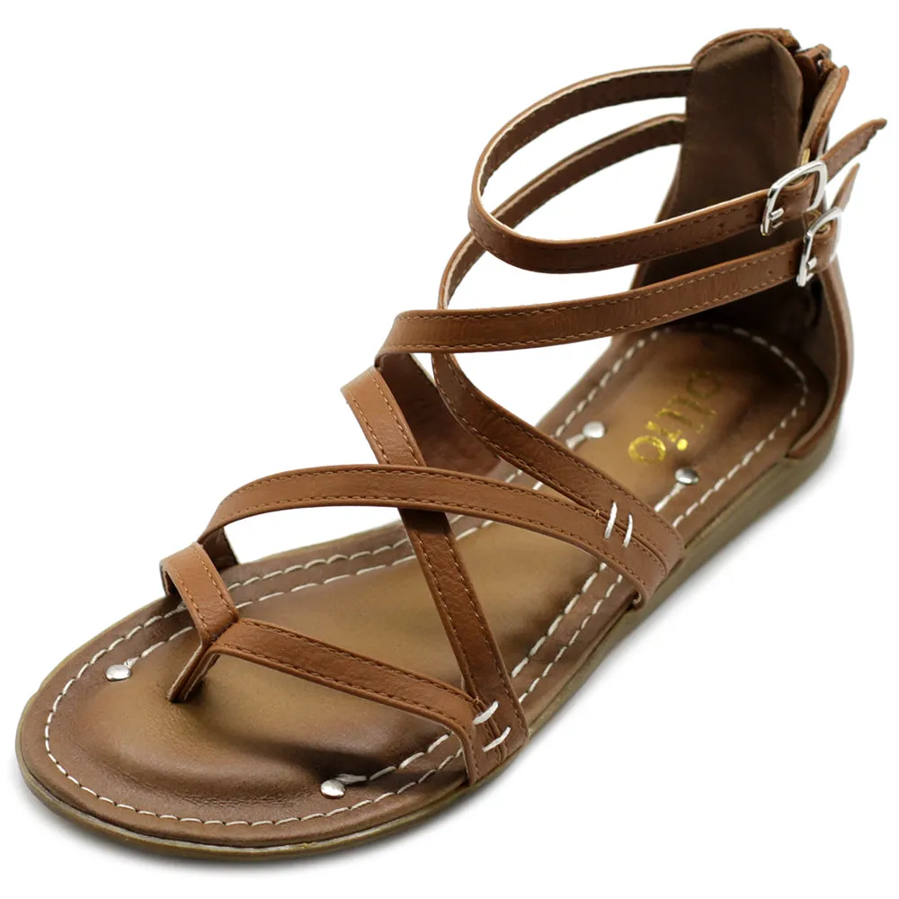 Ollio Women's Shoe Gladiator Strap Flat Zori Sandal
