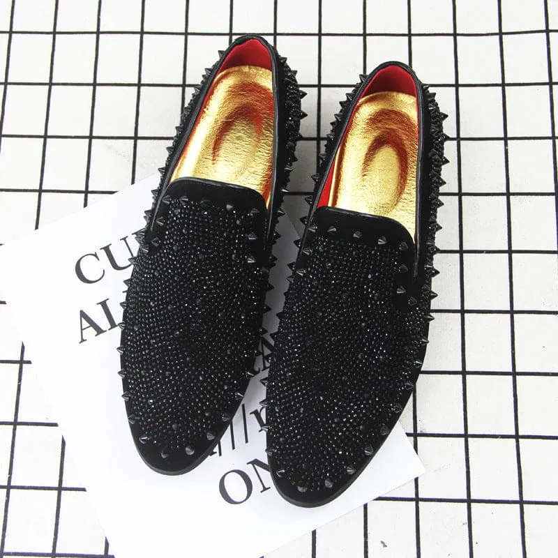 Stylish Black Studded Loafers with Gold Lining for Men