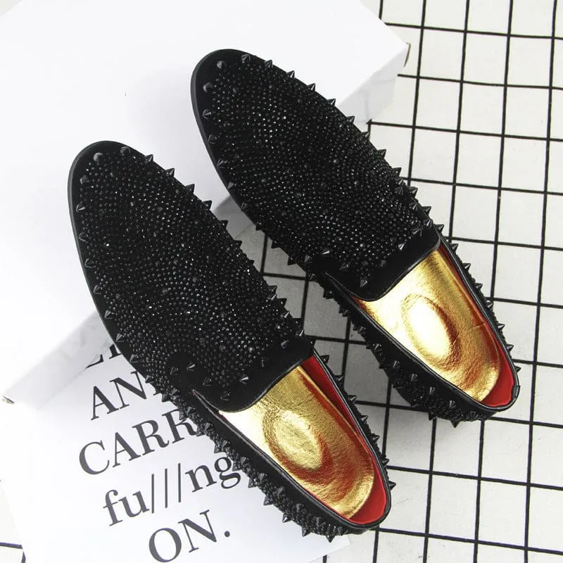 Stylish Black Studded Loafers with Gold Lining for Men