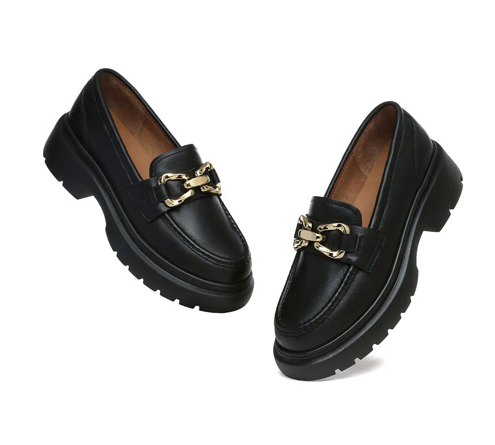 Women Leather Gold Buckle Platform Chunky Loafers Della