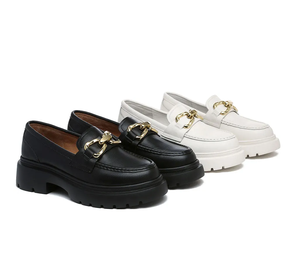 Women Leather Gold Buckle Platform Chunky Loafers Della